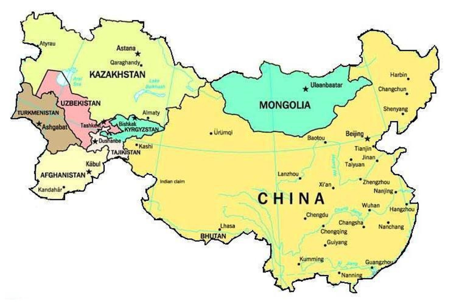 Карта россии казахстан монголия. Китай и Казахстан на карте. Карта Казахстан Узбекистан Китай. Центральная Азия Монголия. Китай и Центральная Азия.