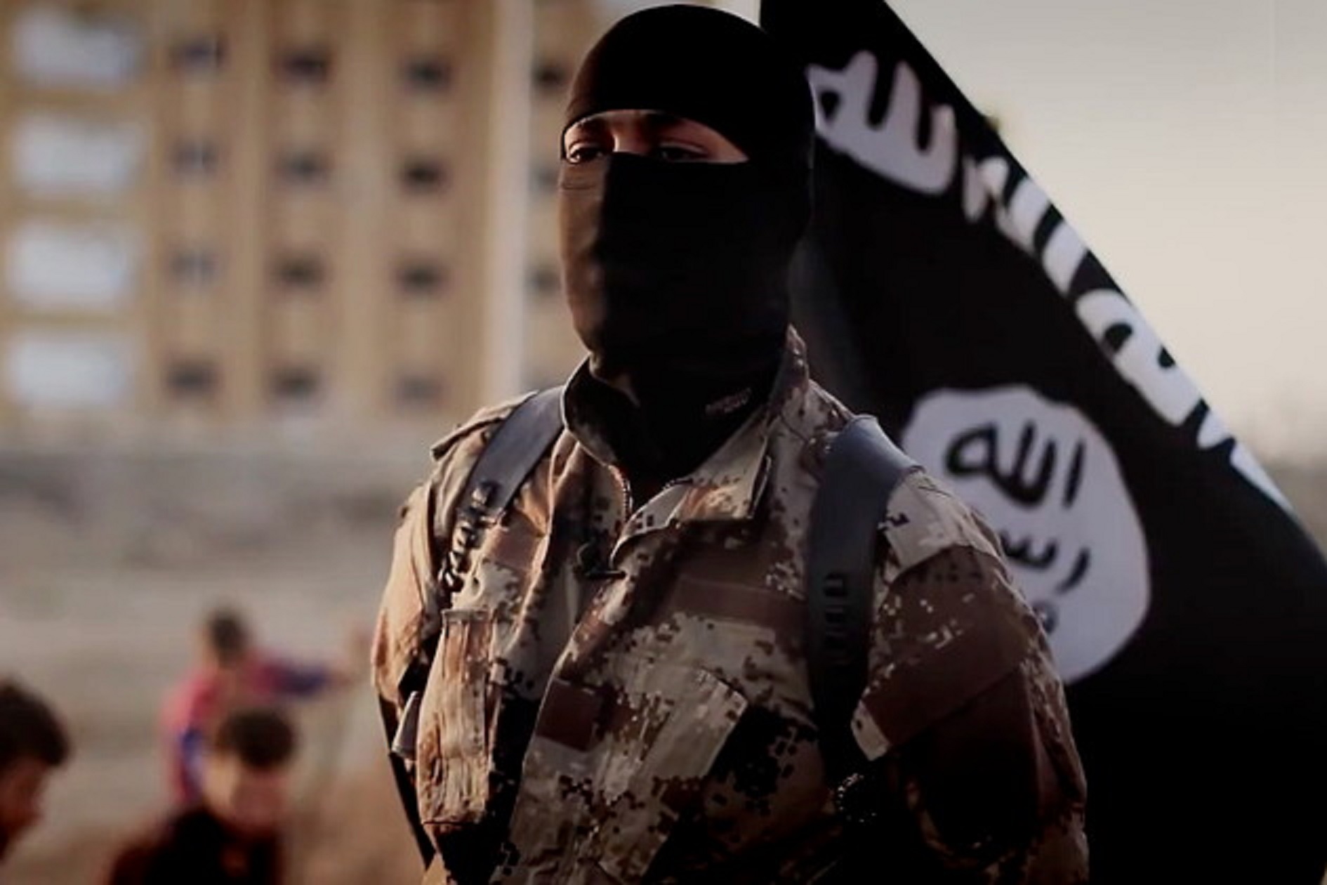 Террорист. Флаг террористической группировки «Исламское государство. Давлятуль Исламия.