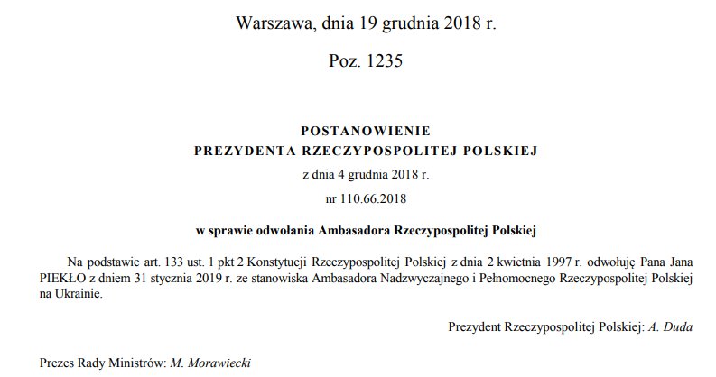 Jan Piekło, ambasador na Ukrainie odwołany przez Prezydenta. Decyzja wchodzi w życie 31 stycznia 2019 roku. odwolanie pieklo